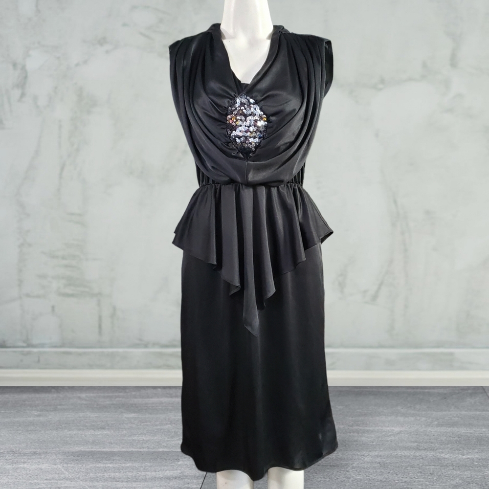 Vintage 80's Diamond's Run Drapes Sequined  Peplum Ruffle Disco Party Dress 7/8